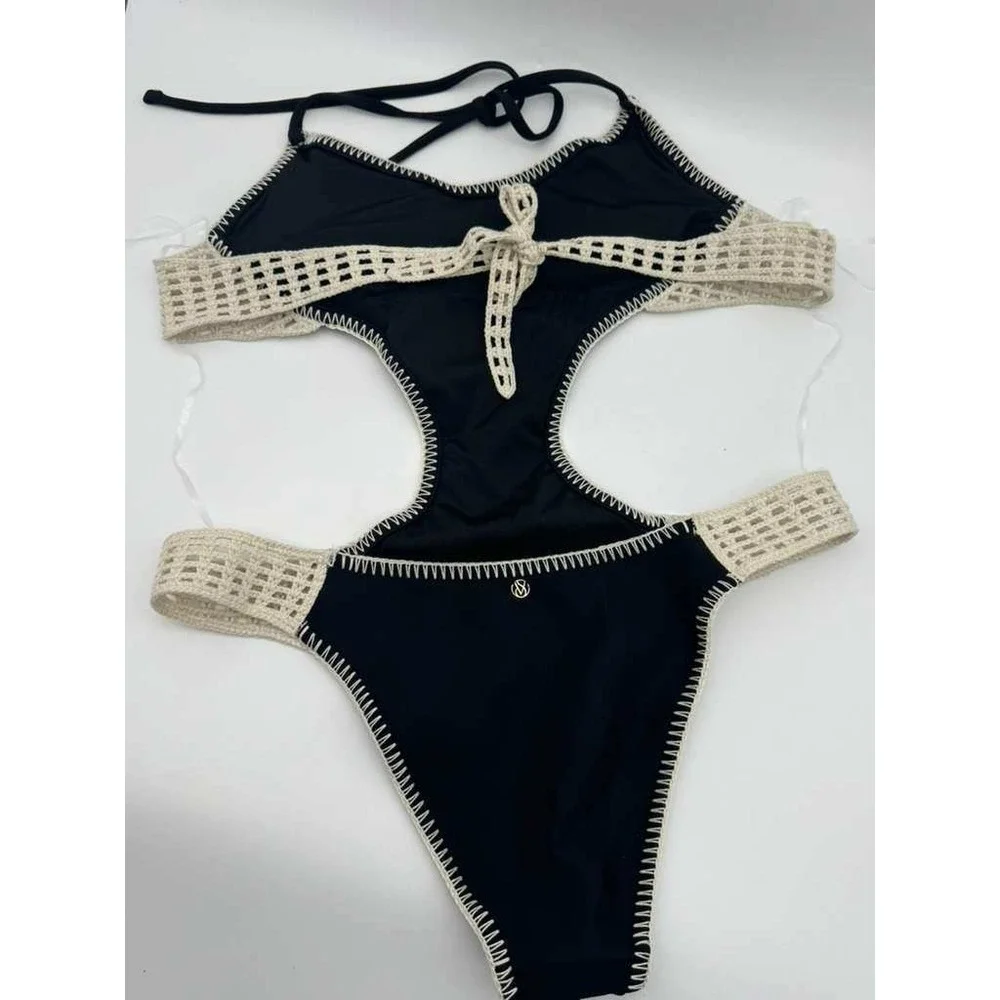 Victoria's Secret One Piece Swimsuit Black Crochet Cut Out Size L NWT Monokini S